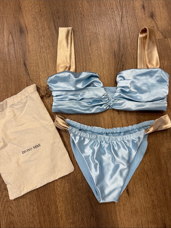 Divino Seas Other - Divino Seas Light Blue Satin Bandeau Bikini with Champagne Straps